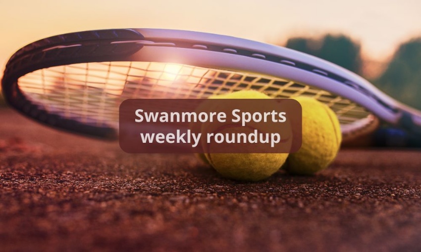 Image shows a close up of a tennis racquet and tennis balls on the ground against a sunset sky with the words Swanmore Sports weekly roundup